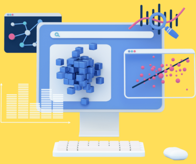 3D monitor shows data visualizations like graphs, plots and clustered cubes.