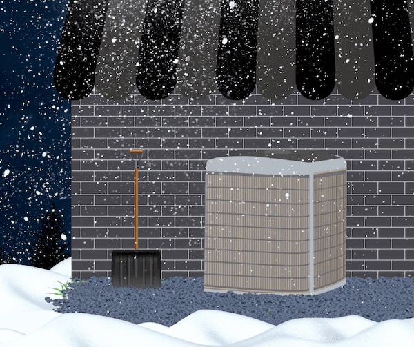 Snowy scene with brick building, HVAC unit, and shovel.