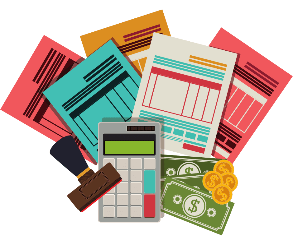 Colorful accounting graphic with calculator, stamp, money, and paperwork.